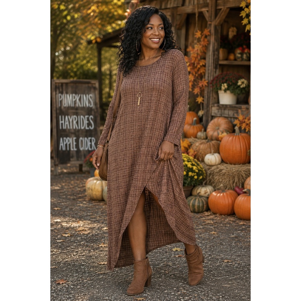 Womens Brown Plaid Long Sleeve Asymmetrical Tulip Hem Midi Dress Size L